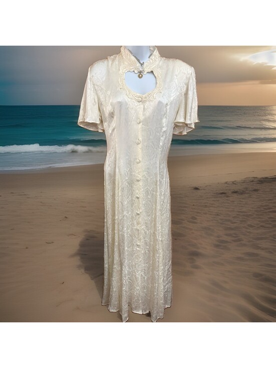 Jody Dresses & Skirts - Vintage Ivory Satin Dress with Lace Detailing and Pearl Accent